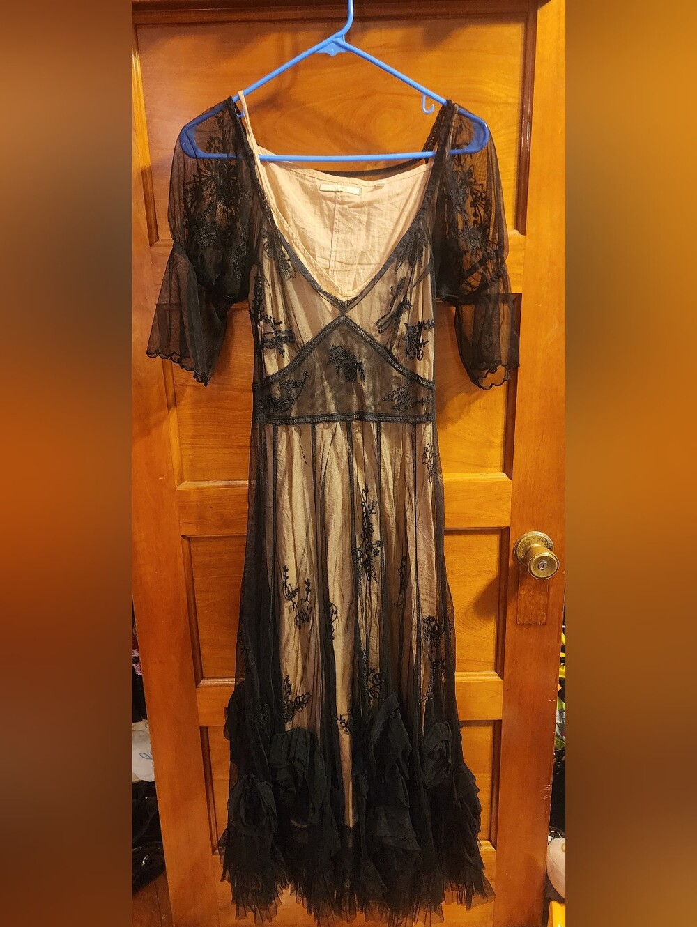 Vintage Black Lace Maxi Dress with Nude Lining